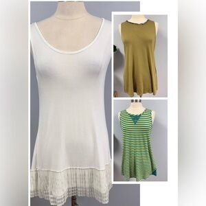 LOGO Lori Goldstein Tank Top M Lot of 3 Ecru, Yellow Green Stripe, Olive Layers